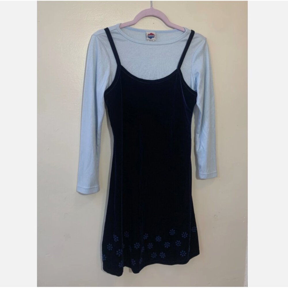 Vtg Long Sleeve Velour Babydoll Slip Dress 90s Layered Blue Sequin Floral